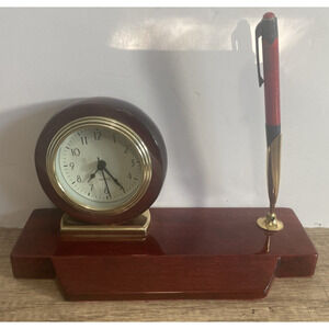 Vintage Wood Timedesign Quartz Clock & Pen Holder Executive Desk Clock WORKS